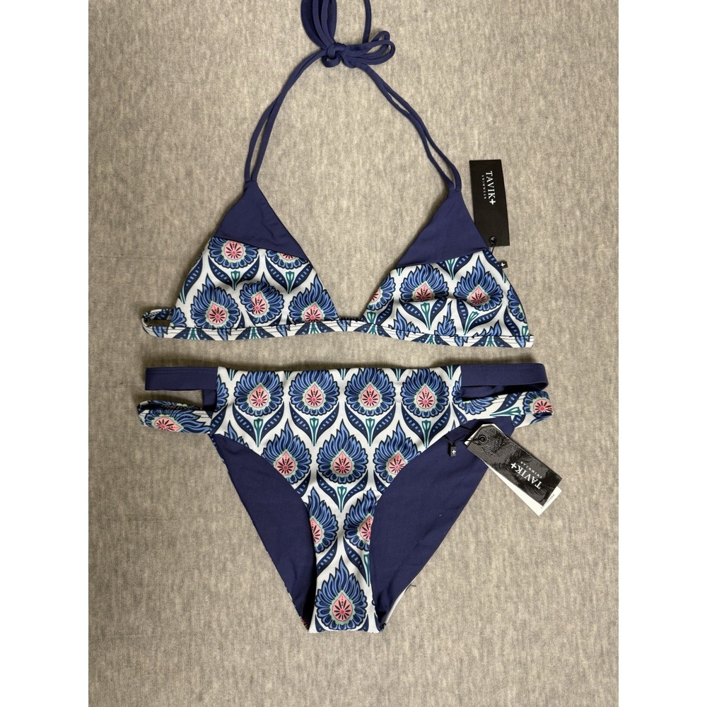 TAVIK Mon Reversible Bikini Set Women's Size XSmall Blue White Halter Swimwear